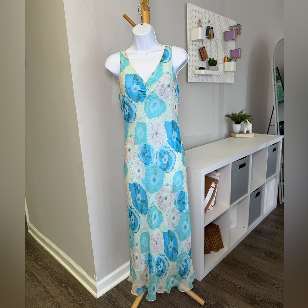 Vintage Vision Apparel Floral V-Neck Silk Slip Dress Maxi Dress Sz 4